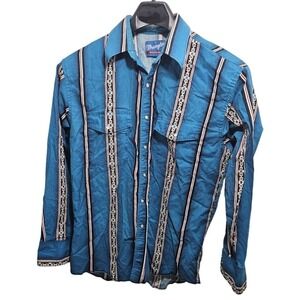 Wrangler Mens Teal Blue Southwestern Stripe Pearl Snap Western Shirt L MC2181A